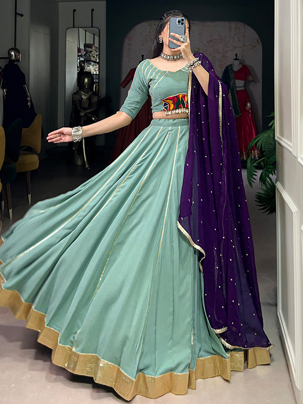 Sea Green Pure Rayon Gamthi Work Lehenga Choli With Georgette Dupatta