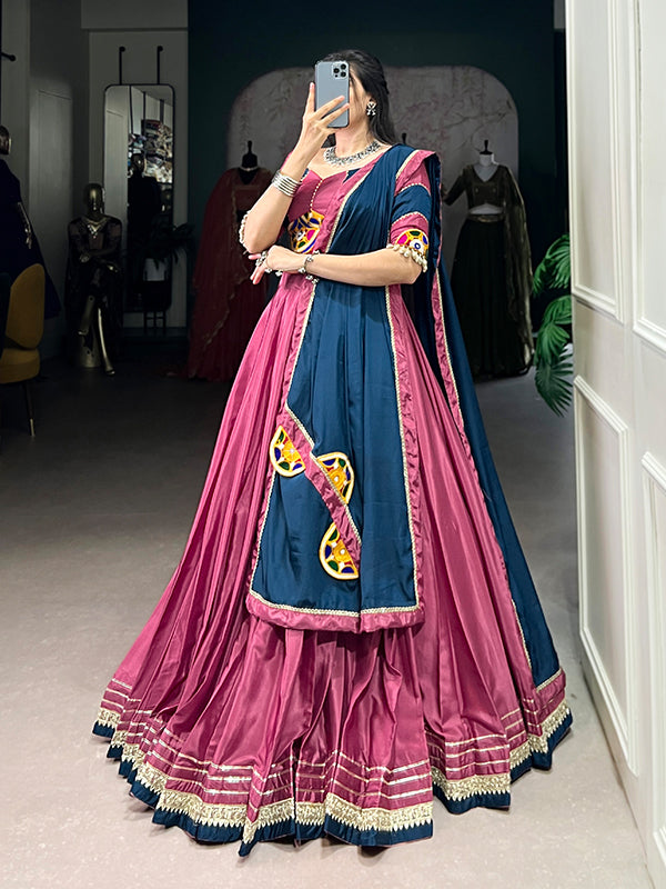 Pink & Navy Blue Sequins Thread Embroidery Work Lehenga Choli
