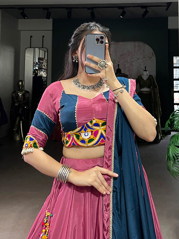 Pink & Navy Blue Sequins Thread Embroidery Work Lehenga Choli