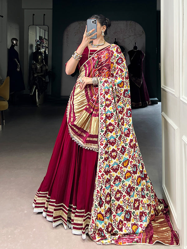 Maroon Silk Georgette Lehenga Choli With Gaji Silk White Dupatta