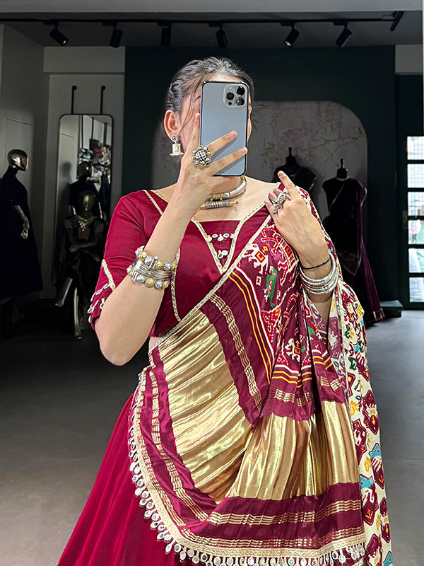 Maroon Silk Georgette Lehenga Choli With Gaji Silk White Dupatta
