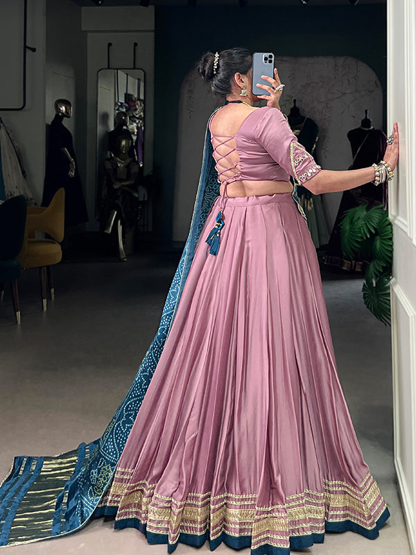 Onion Pink Silk Georgette Lehenga Choli With Gaji Silk Teal Blue Dupatta