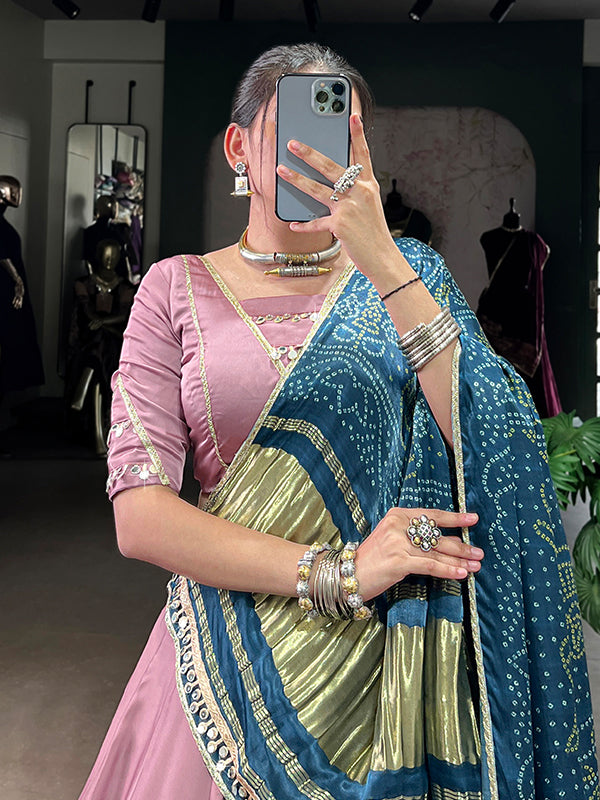 Onion Pink Silk Georgette Lehenga Choli With Gaji Silk Teal Blue Dupatta