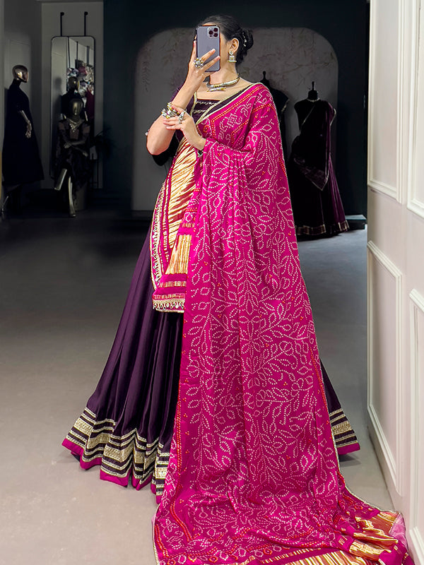 Purple Silk Georgette Lehenga Choli With Gaji Silk Pink Dupatta