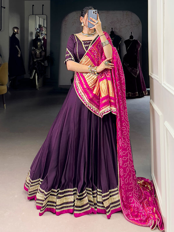 Purple Silk Georgette Lehenga Choli With Gaji Silk Pink Dupatta