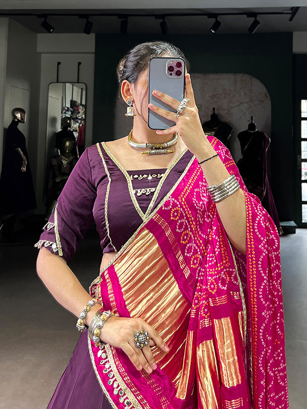 Purple Silk Georgette Lehenga Choli With Gaji Silk Pink Dupatta