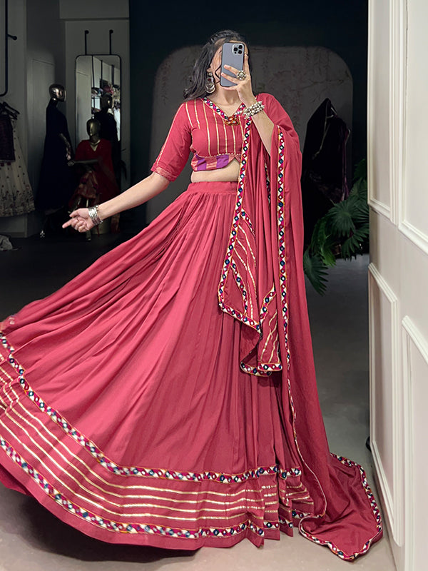 Dark Pink Mirror Gamthi Work Pure Rayon Lehenga Choli With Dupatta