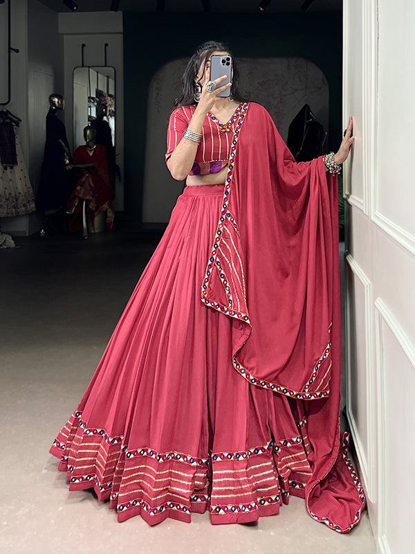 Dark Pink Mirror Gamthi Work Pure Rayon Lehenga Choli With Dupatta