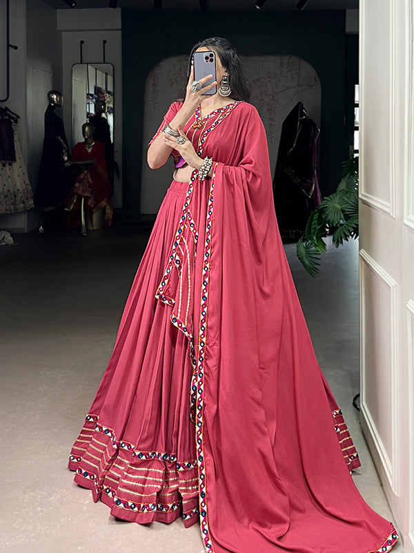 Dark Pink Mirror Gamthi Work Pure Rayon Lehenga Choli With Dupatta
