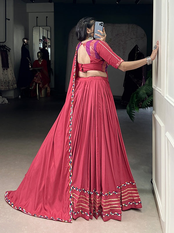 Dark Pink Mirror Gamthi Work Pure Rayon Lehenga Choli With Dupatta