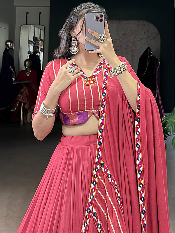 Dark Pink Mirror Gamthi Work Pure Rayon Lehenga Choli With Dupatta