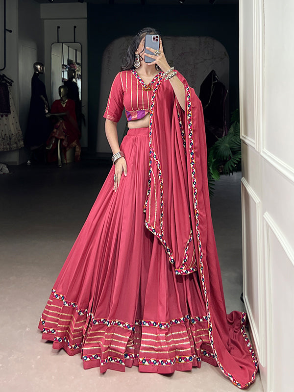 Dark Pink Mirror Gamthi Work Pure Rayon Lehenga Choli With Dupatta