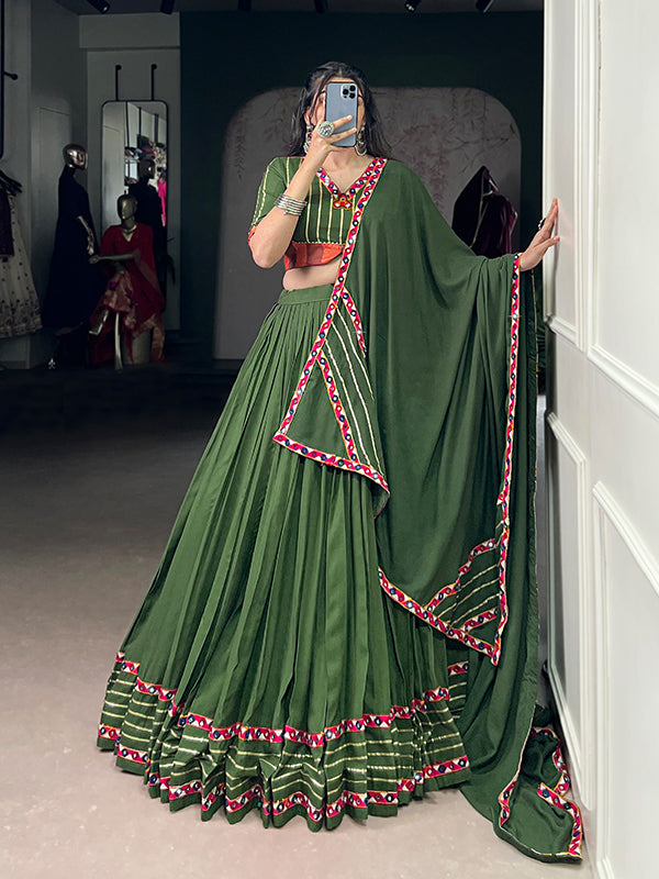 Mehndi Green Mirror Gamthi Work Pure Rayon Lehenga Choli With Dupatta