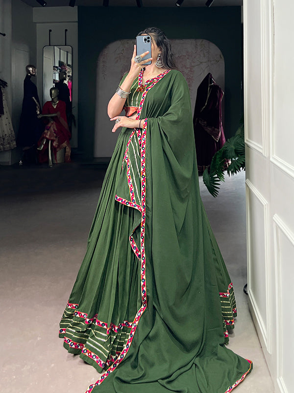 Mehndi Green Mirror Gamthi Work Pure Rayon Lehenga Choli With Dupatta
