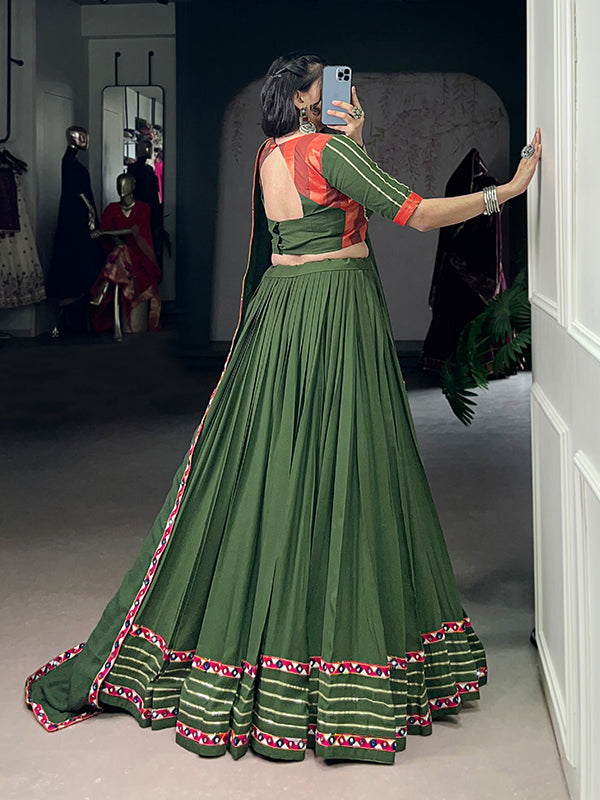 Mehndi Green Mirror Gamthi Work Pure Rayon Lehenga Choli With Dupatta