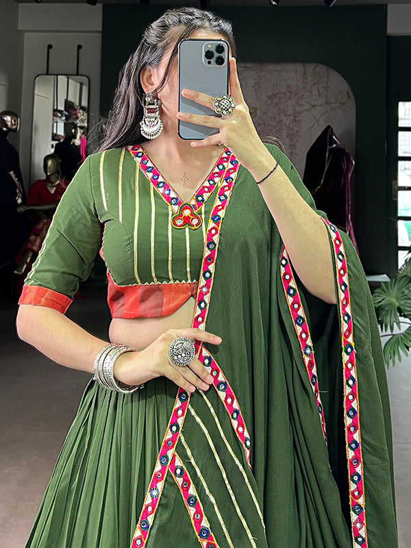 Mehndi Green Mirror Gamthi Work Pure Rayon Lehenga Choli With Dupatta