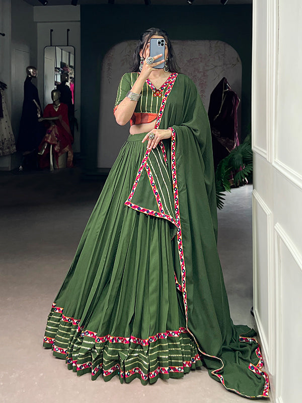 Mehndi Green Mirror Gamthi Work Pure Rayon Lehenga Choli With Dupatta
