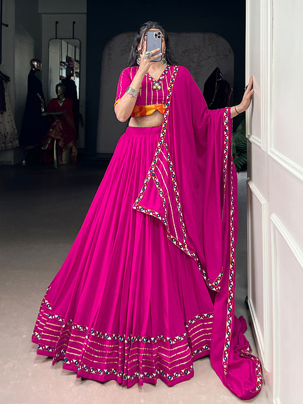 Pink Mirror Gamthi Work Pure Rayon Lehenga Choli With Dupatta