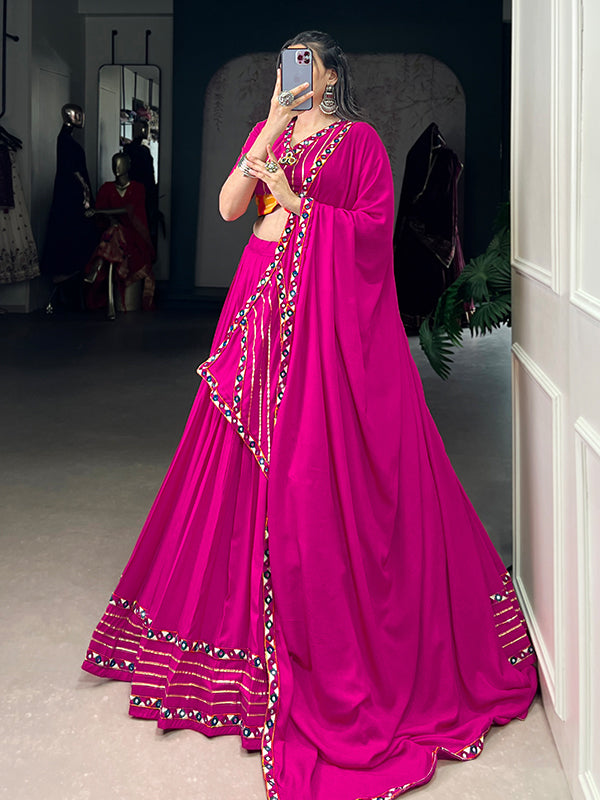 Pink Mirror Gamthi Work Pure Rayon Lehenga Choli With Dupatta