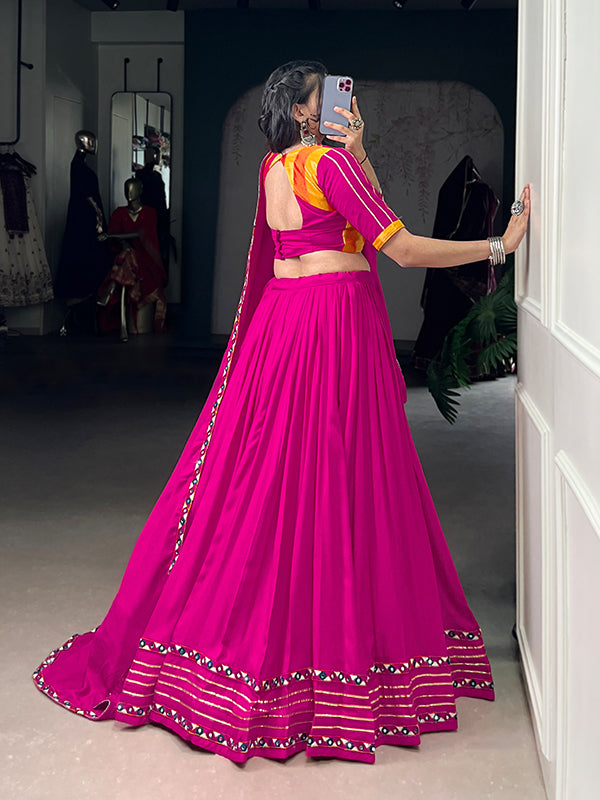 Pink Mirror Gamthi Work Pure Rayon Lehenga Choli With Dupatta