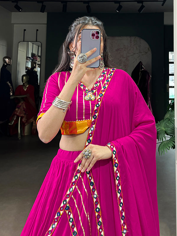 Pink Mirror Gamthi Work Pure Rayon Lehenga Choli With Dupatta