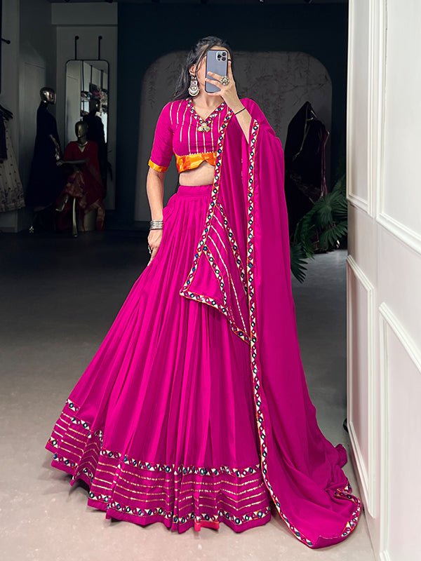 Pink Mirror Gamthi Work Pure Rayon Lehenga Choli With Dupatta