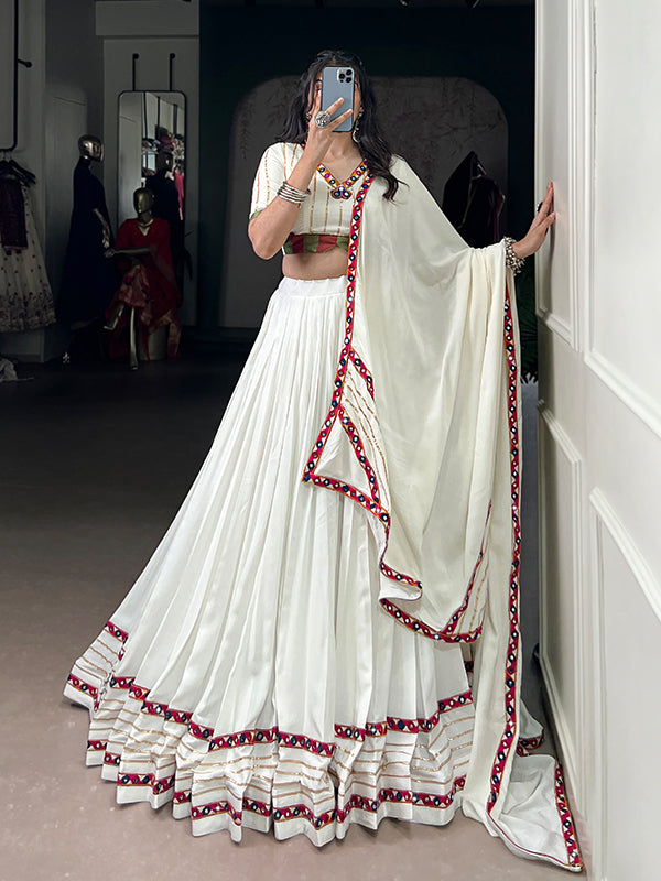White Mirror Gamthi Work Pure Rayon Lehenga Choli With Dupatta