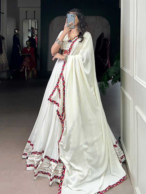 White Mirror Gamthi Work Pure Rayon Lehenga Choli With Dupatta