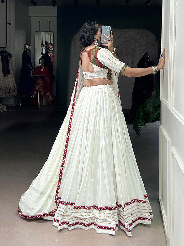 White Mirror Gamthi Work Pure Rayon Lehenga Choli With Dupatta