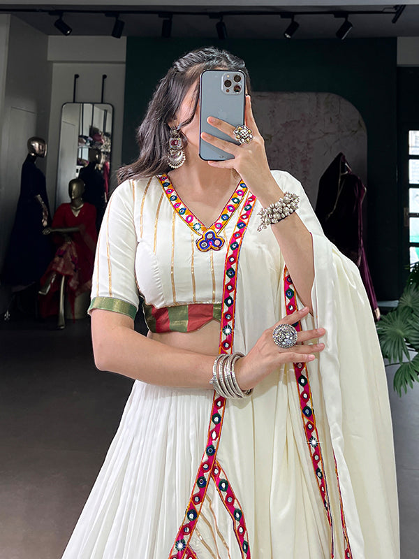 White Mirror Gamthi Work Pure Rayon Lehenga Choli With Dupatta