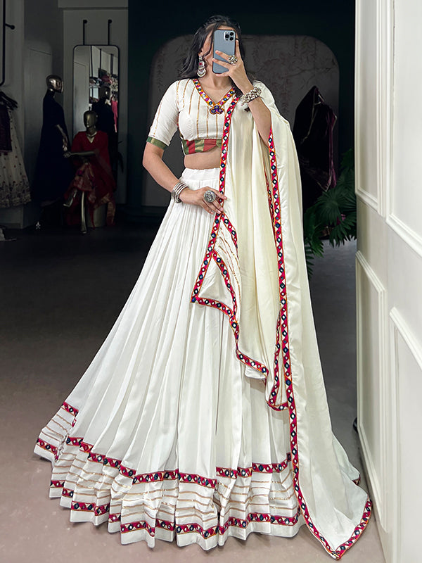 White Mirror Gamthi Work Pure Rayon Lehenga Choli With Dupatta