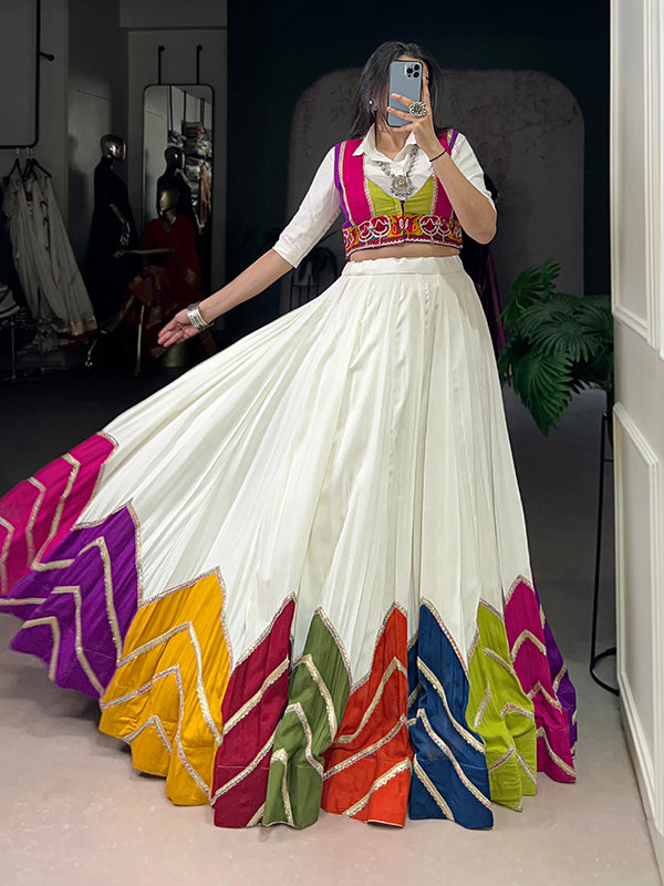 White Multi Color Patch Lehenga Choli With Gamthi Koti