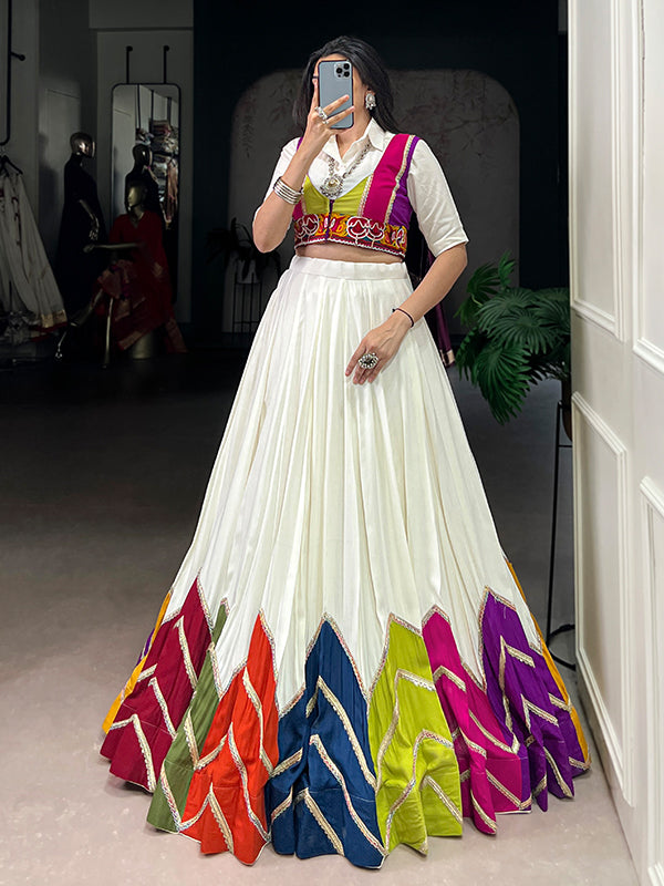 White Multi Color Patch Lehenga Choli With Gamthi Koti