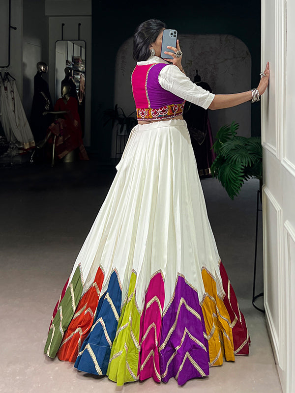 White Multi Color Patch Lehenga Choli With Gamthi Koti