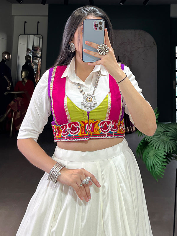 White Multi Color Patch Lehenga Choli With Gamthi Koti