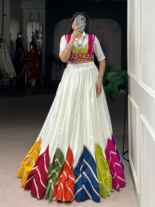 White Multi Color Patch Lehenga Choli With Gamthi Koti