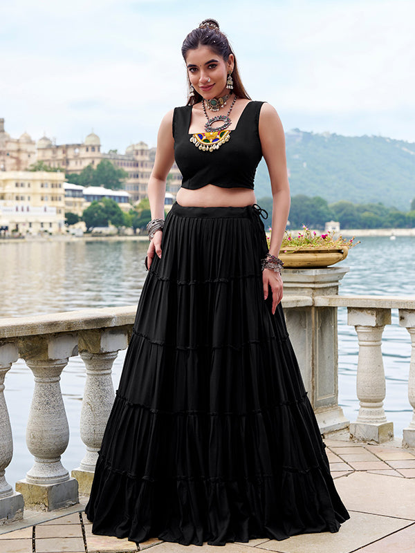 Black Pure Rayon Gamthi Work Lehenga Choli With Koti