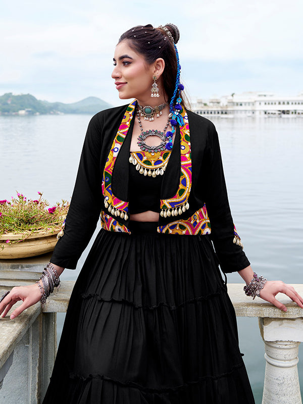 Black Pure Rayon Gamthi Work Lehenga Choli With Koti