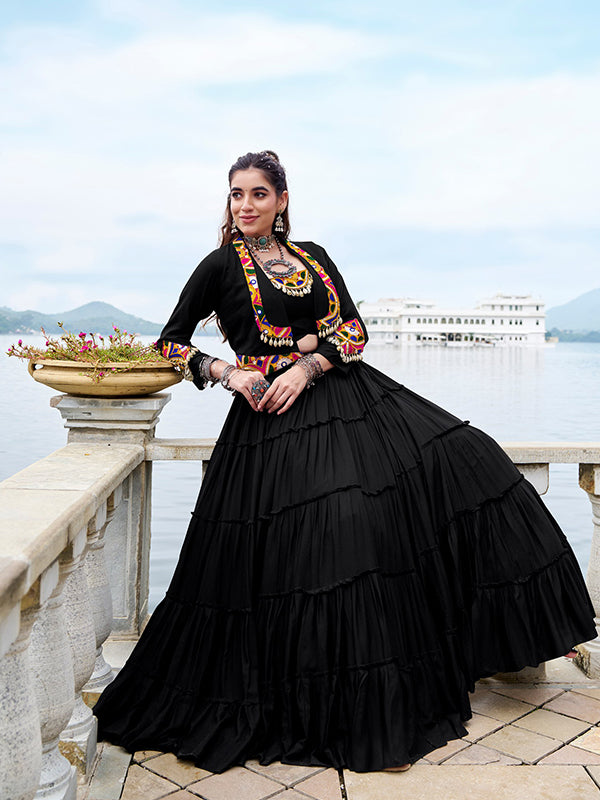 Black Pure Rayon Gamthi Work Lehenga Choli With Koti
