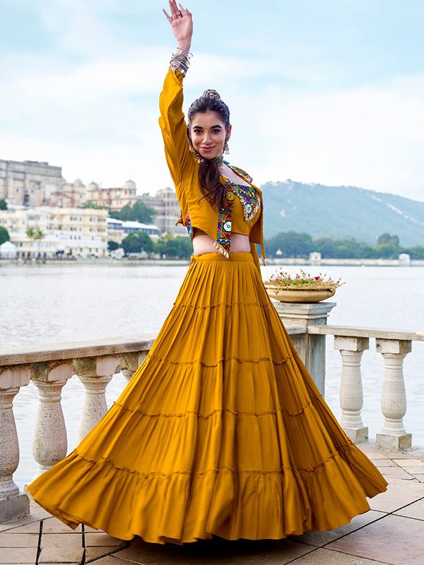 Mustard Pure Rayon Gamthi Work Lehenga Choli With Koti