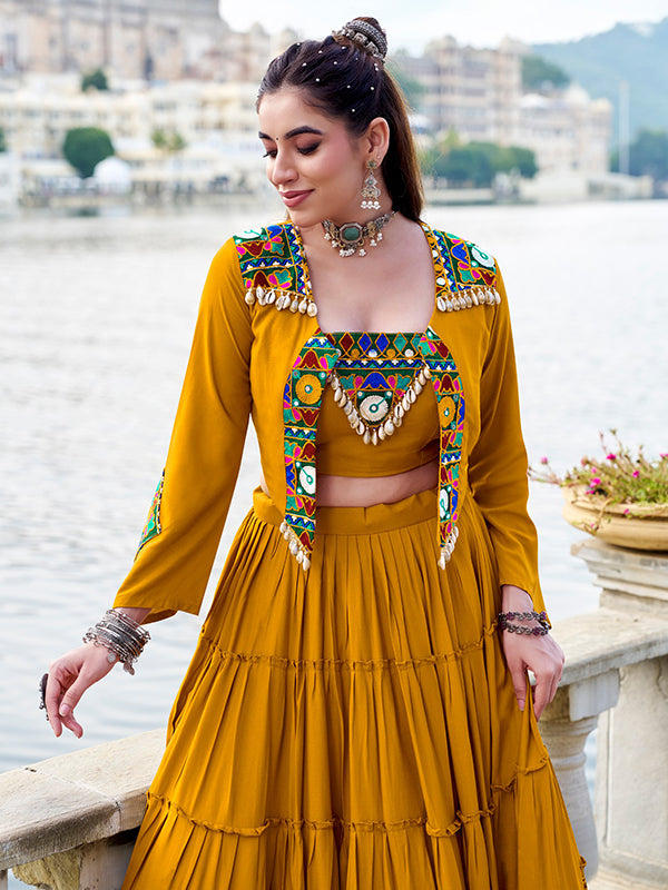 Mustard Pure Rayon Gamthi Work Lehenga Choli With Koti
