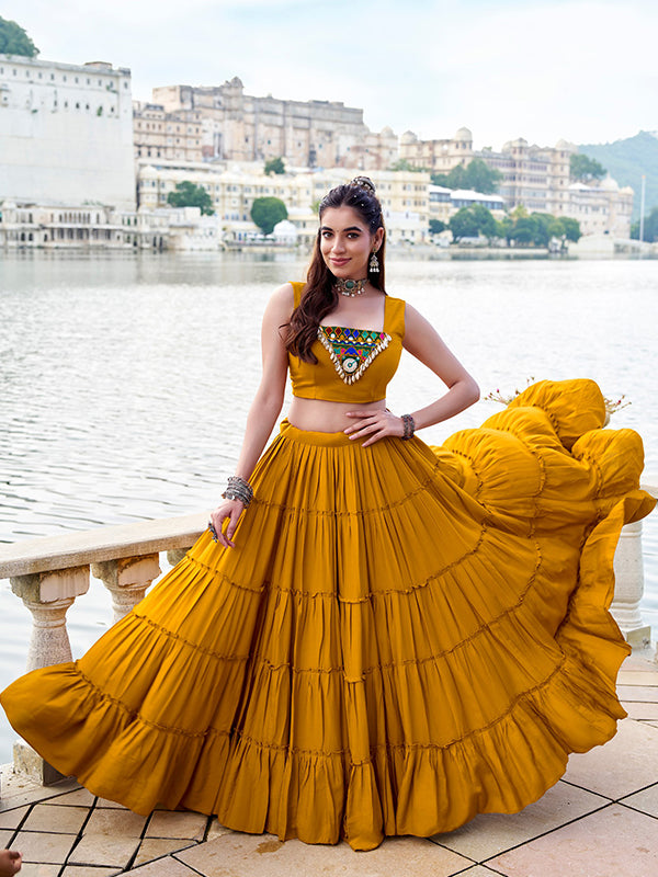 Mustard Pure Rayon Gamthi Work Lehenga Choli With Koti