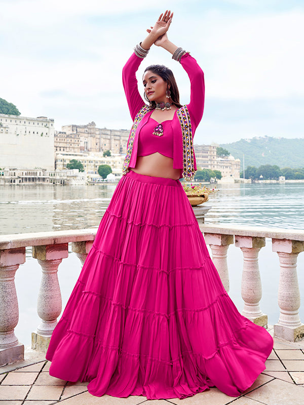 Pink Pure Rayon Gamthi Work Lehenga Choli With Koti