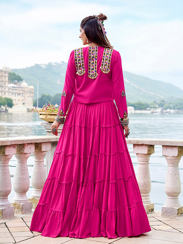 Pink Pure Rayon Gamthi Work Lehenga Choli With Koti
