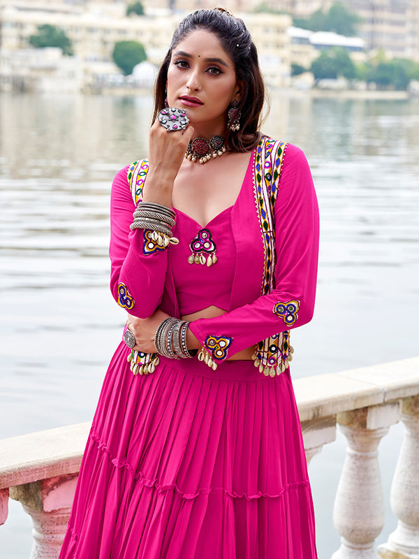 Pink Pure Rayon Gamthi Work Lehenga Choli With Koti