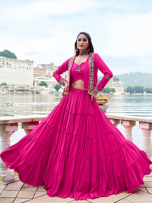 Pink Pure Rayon Gamthi Work Lehenga Choli With Koti