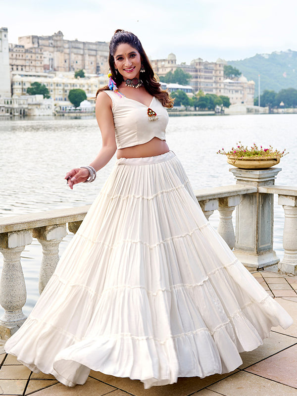 White Pure Rayon Gamthi Work Lehenga Choli With Koti