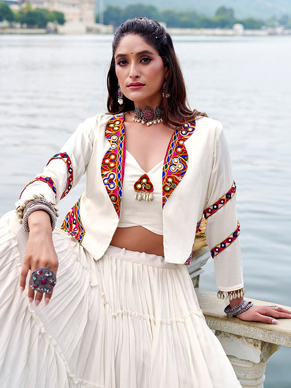 White Pure Rayon Gamthi Work Lehenga Choli With Koti