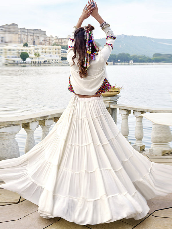 White Pure Rayon Gamthi Work Lehenga Choli With Koti