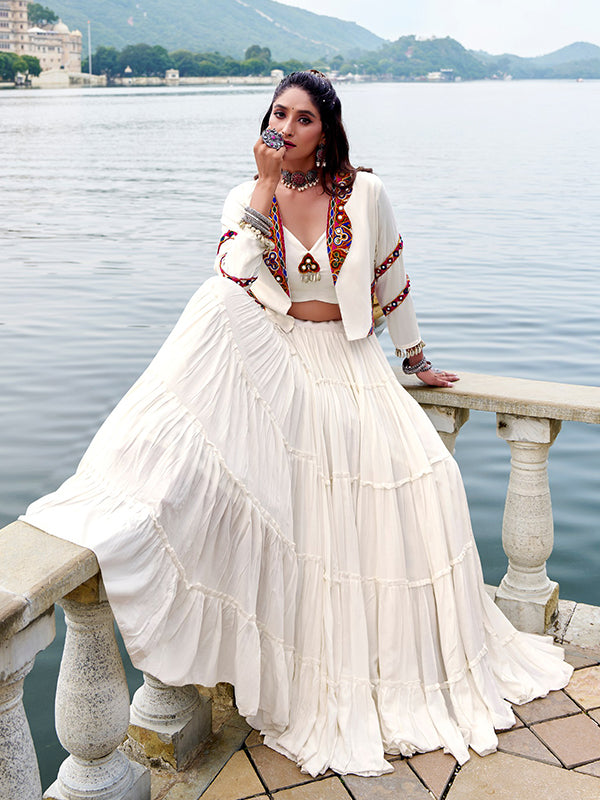 White Pure Rayon Gamthi Work Lehenga Choli With Koti